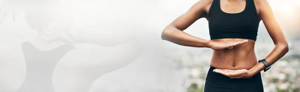 Femme Fitness Mains Sur Bannière Estomac Pour Santé Entraînement Exercice — Photo