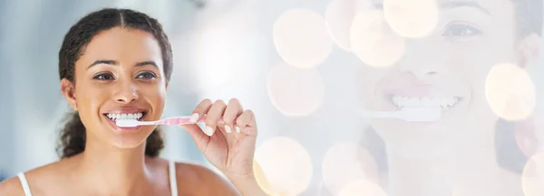 Happy woman, brushing teeth and smile for banner or dental hygiene, morning routine or bokeh. Female person or model cleaning mouth, oral and gum care with toothbrush or double exposure mockup.