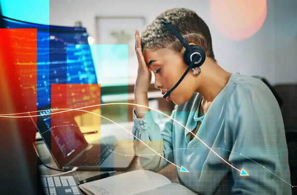Graphic, tired headache and a woman at a call center for big data stress or telemarketing burnout. Fatigue, contact us and overlay or a customer service employee with anxiety from online support.