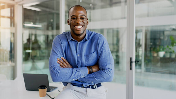 Portrait, business and black man with a smile, arms crossed and employee with startup, office and professional. Worker, corporate and career with consultant, funny and entrepreneur in a workplace.
