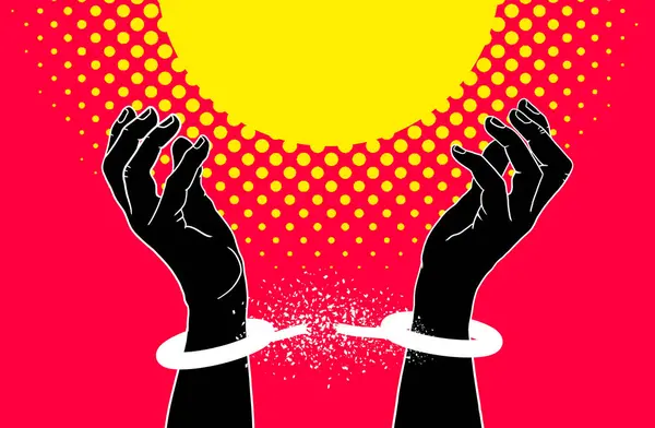 Hands, break cuffs and freedom in illustration, art or strong for human rights, stop oppression or red background. Protest, power and justice for equality, end modern slavery and creativity for peace.