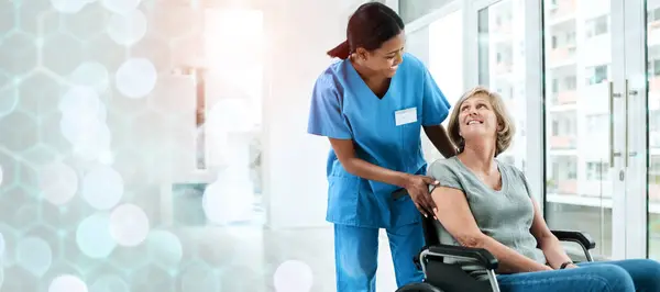 Patient with disability, nurse and smile in wheelchair for healthcare, wellness and medicare. Medical professional, bokeh and overlay in mockup, physiotherapy and happy, assistance and insurance.