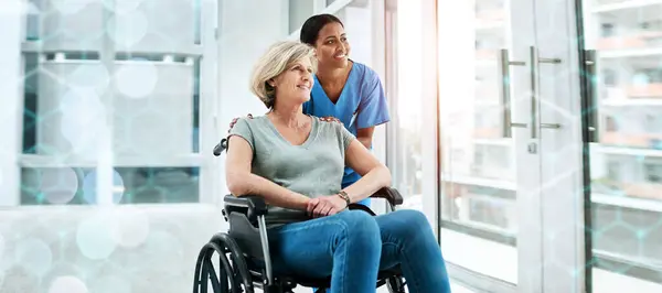Patient with disability, nurse and smile in clinic for healthcare, wellness and medicare. Medical professional, bokeh and overlay in mockup, physiotherapy and happy, assistance and insurance.