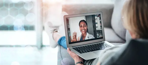 Doctor, video call and consult on laptop for communication on banner, bokeh and overlay in mockup for medicare. People, face and talk in hospital for health, patient and telehealth consulting.