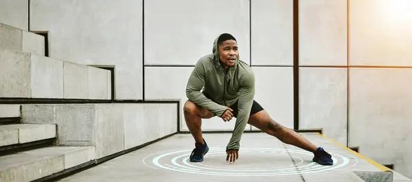 Exercise, hologram and flare with a man stretching on stairs in the city for the start of his workout routine. Fitness, warm up and futuristic sports with a young african athlete in an urban town.
