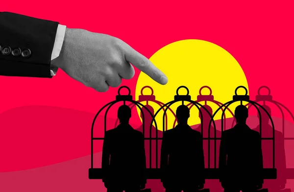 Hand Pointing Corporate Slavery Cage Abuse Inequality Overlay Finger Group — Stock Photo, Image