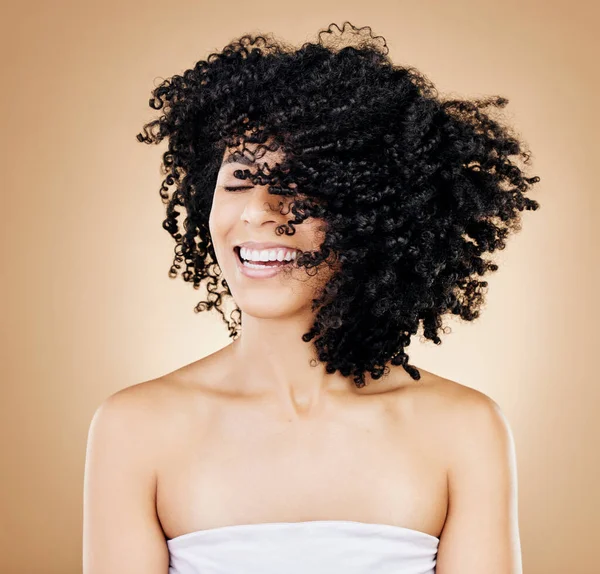 Woman, curly or afro hair wind on fun studio background for healthy hairstyle growth, texture or frizz treatment. African beauty model, shake energy and happy change by shampoo transformation results.