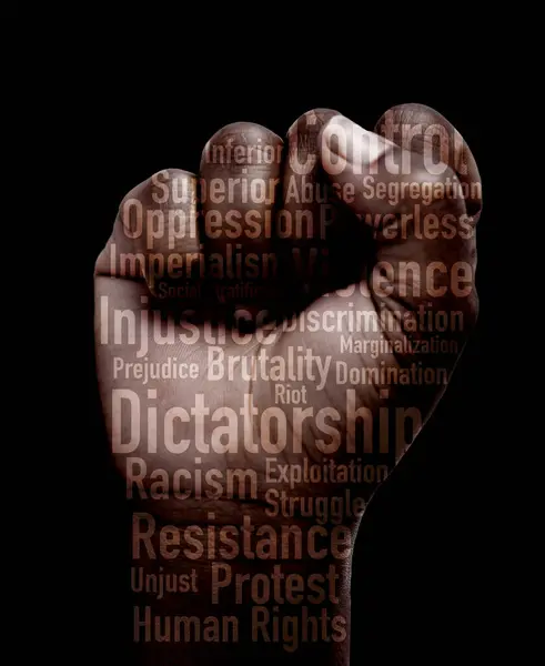 Fist, protest and closeup with text, human rights and overlay for power, solidarity or justice by black background. Hand, sign language or icon with opinion for equality, politics or fight for change.