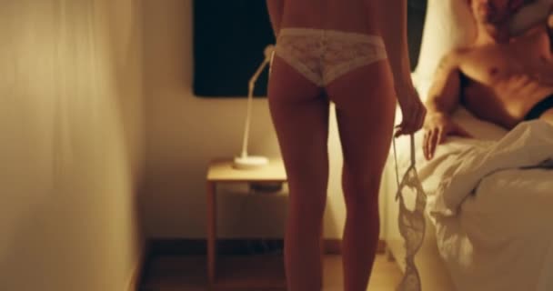 Couple Bedroom Sex Lingerie Kiss Together Libido Butt Body Naked — Stockvideo