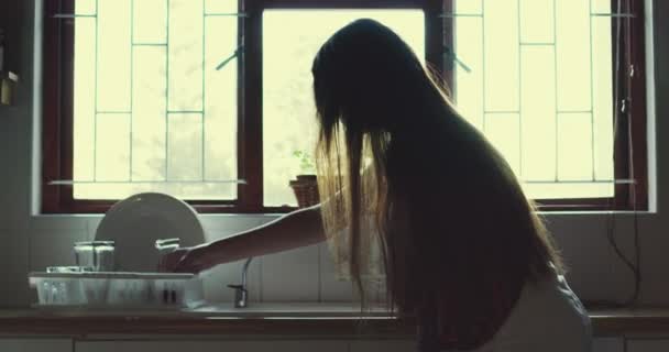 Mujer Lavar Platos Cocina Casera Vidrio Limpio Para Suciedad Virus — Vídeos de Stock