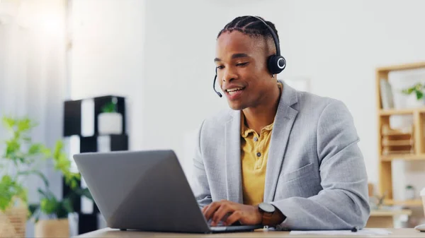 Customer support, laptop video call and black man on networking webinar, online conference or telemarketing. Communication headset, contact us office and male telecom agent consulting on sales pitch.