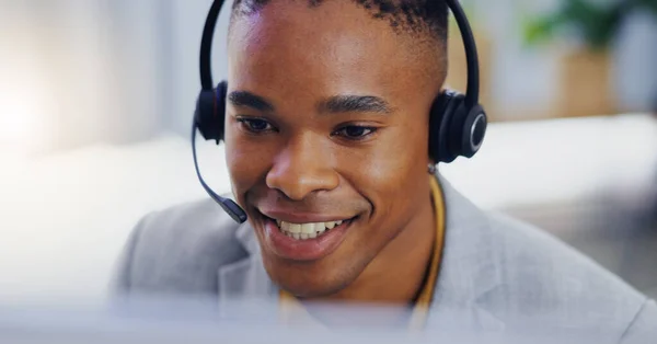 Customer service, laptop and face of black man consulting on contact us CRM, telemarketing or telecom. Webinar, information technology or male call center consultant talking on online tech support.
