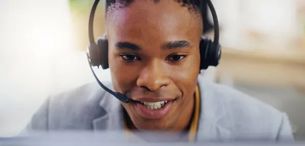 Customer service, laptop and face of black man consulting on contact us CRM, telemarketing or telecom. Webinar, information technology or male call center consultant talking on online tech support.