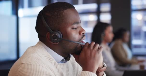 Telemarketing Crm Och Black Man Med Kundservice Telekomförsäljning Och Kommunikation — Stockvideo