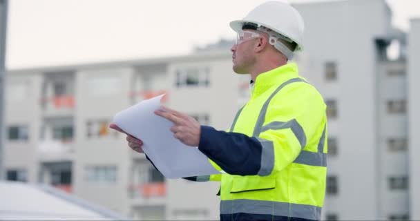 Ingenieur Bauplan Und Mann Mit Papier Für Stadt Planung Und — Stockvideo