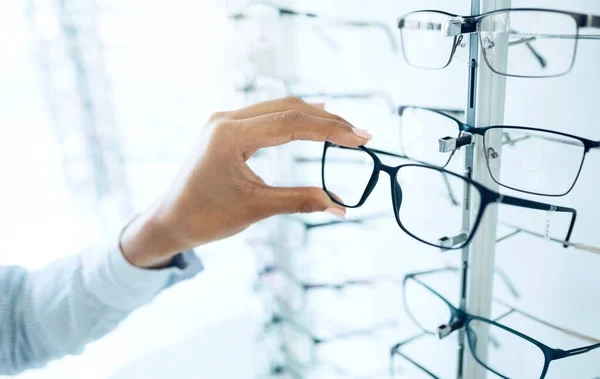 Optometrie Winkel Bril Handen Van Persoon Winkelen Voor Lens Frame — Stockfoto