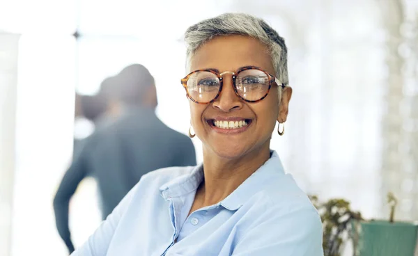 Glasses, smile and store portrait of woman for visual wellness, ophthalmology or eyewear. Pride, glasses and face of professional optician for lens frame sales, eyesight support or eye care support.