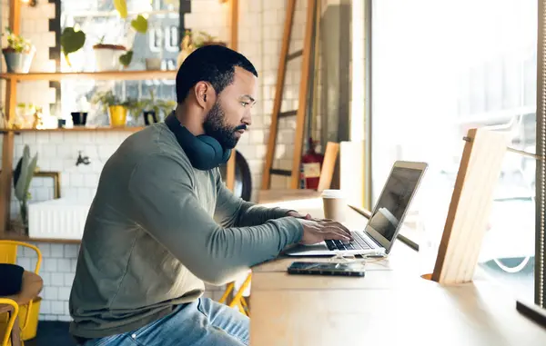 Man Remote Work Laptop Cafe Productivity Freelance Worker Copywriter Writing — Stock Photo, Image