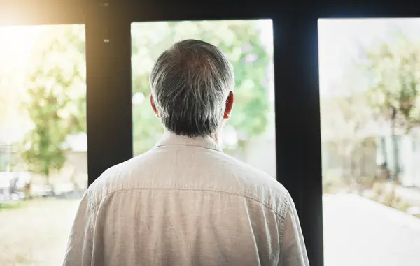 Back Mature Man Thinking Window Depression Anxiety Alone Home Rear — Stock Photo, Image