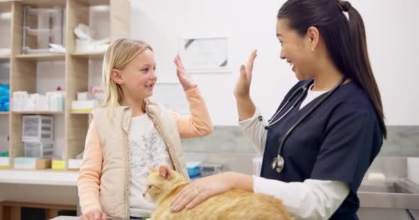 幸せな女性5人 お祝い 医療支援 ヘルスケアに興奮しています 医師および子供は動物の癒し ペットの健康および成功の結果を祝います — ストック動画