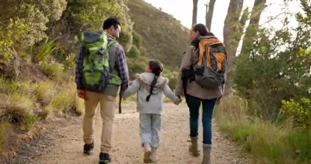 ハッピーファミリー ハイキング ハイキング ハンドアウト バックパック 自然のケア 森でトレッキングする母親 森の中を歩き または冒険で一緒に旅行する — ストック動画