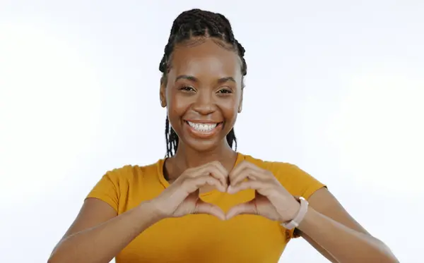 Vrouw Portret Handen Met Hart Emoji Voor Liefde Steun Geluk — Stockfoto