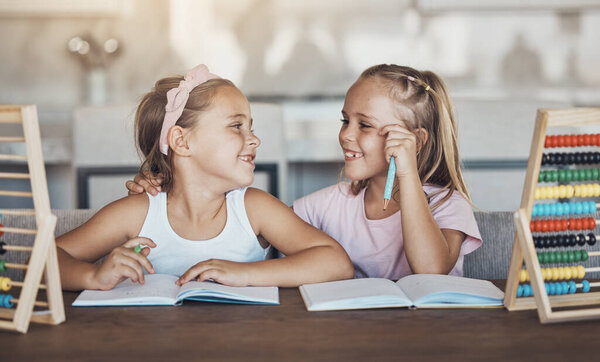 Students, girl children and education, homework and abacus with studying and learning while at home. Happy kids, smile with friends or sister, help and support with books, math and numbers at table.