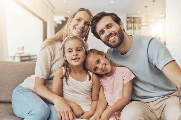 Home, portrait and mother with father, kids and happiness with support, bonding together and cheerful. Face, family and children with parents, care and love with a smile, cheerful and joy in a lounge.