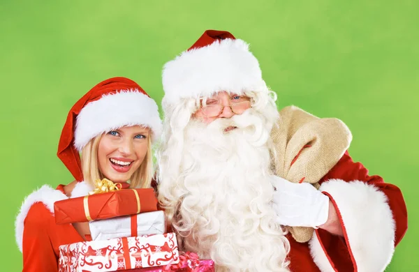 Дед Мороз Хлопает Ладоши Обнимает Дарит Подарки Рождество Старик Помощник — стоковое фото