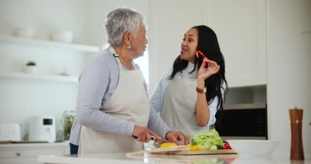 烹调或敬酒 与一位老妇人和一个女儿在家里的厨房里参观 笑或开心 还有一个年轻人和她的大妈一起在家里做饭 — 图库视频影像