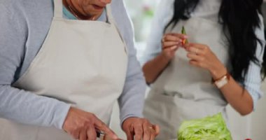 Mutlu kadın, kız ve evde akşam yemeği hazırlığı ile mutfakta yemek pişirirken tatma. Aile, gülümseme ve şakaya gülme yemek tarifi öğretirken, birlikte ve ilişki için kaliteli zaman geçirirken.