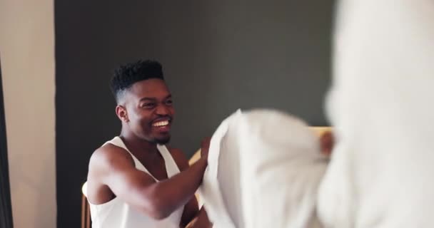 Bedroom Pillow Fight Home Happiness Black Couple Fun Bond Enjoy — Stock Video