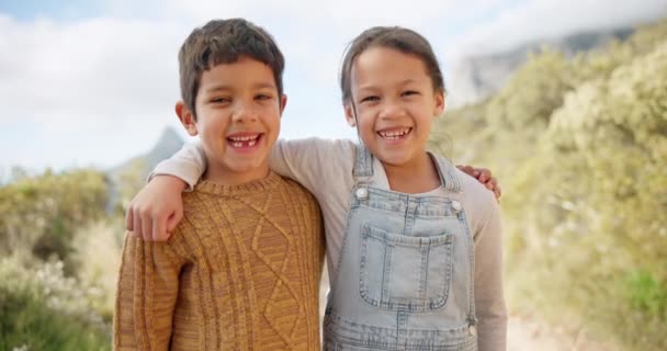 Rostro Niños Felices Hermano Hermana Naturaleza Aire Libre Viajar Juntos — Vídeo de stock