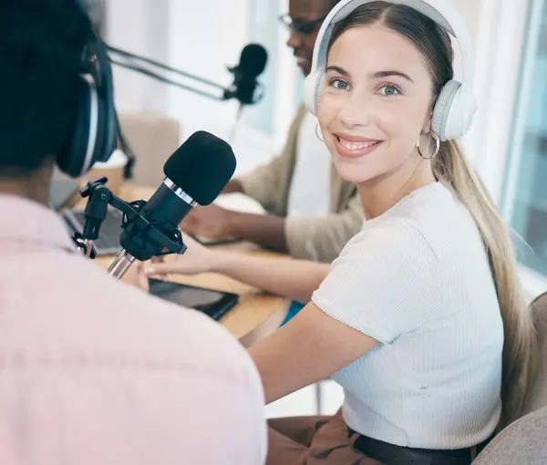 Recording Podcast Portrait Woman Office Conversation People Headphones Microphone Radio — Stock Photo, Image