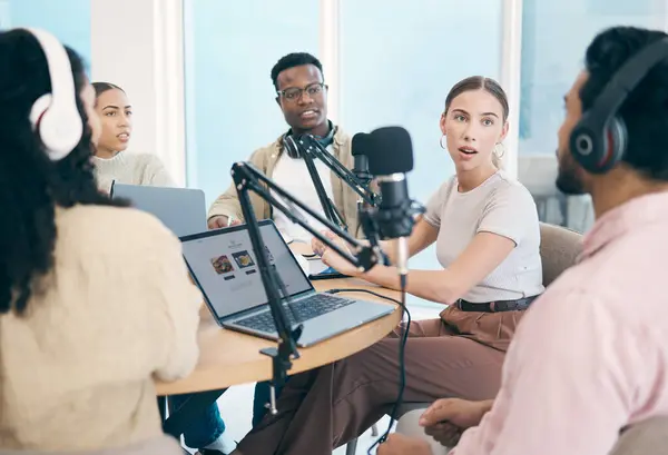 Conversation, podcast speaker and group of people, team or presenter communication, streaming and hosting talk show. Radio multimedia production, diversity and influencer listening on media network.