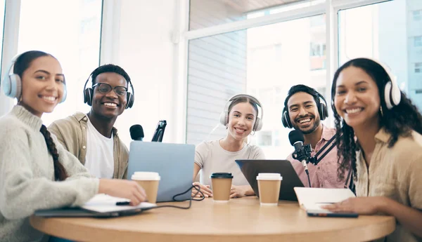Men, woman and team with microphone, podcast or portrait for chat, creativity or opinion on live stream. Group, laptop and headphones for web talk show, broadcast or smile for collaboration at desk.