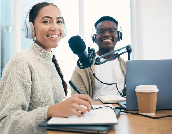 Radio, portrait and people in office writing notes for advice, questions or feedback while live streaming. Speech, presenter and face of team with broadcast announcement, news or hosting talk show.