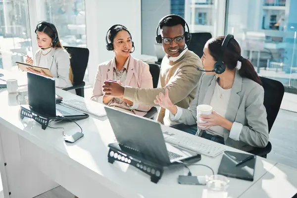 Call center, staff group and talk at help desk with laptop, telemarketing or voip tech with problem solving. Women, man and customer service agent for contact us, technical support or consulting team.