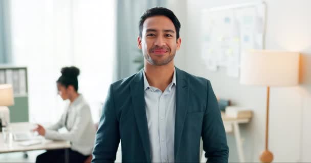 Portret Mężczyzny Uśmiechem Zaufaniem Przestrzenią Współpracownika Menedżera Internetowej Agencji Badawczo — Wideo stockowe