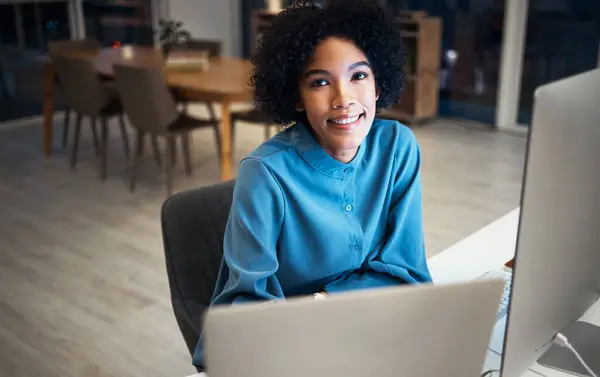 Portrait of woman with computer, research or schedule planner with overtime in human resources office administration. Smile, face girl at desk, receptionist or secretary at startup business at night