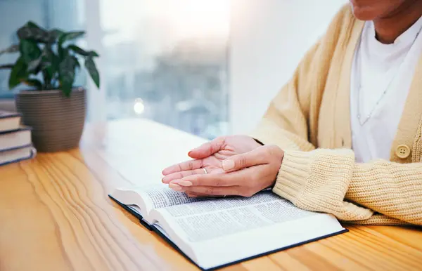 Bible Worship Open Hands Woman Prayer Studying Religion Home Christian — Stock Photo, Image