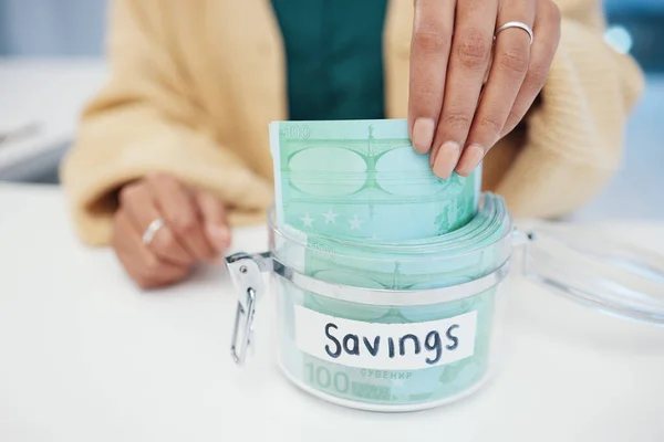 Hands, cash and savings in a jar for future, financial plan and bills closeup, income and wealth. Container, person save money for growth and investment, cashback and finance with goals and profit.