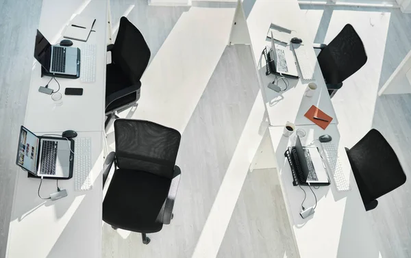 Draufsicht Leere Büroräume Und Tisch Mit Laptops Coworking Space Eines — Stockfoto