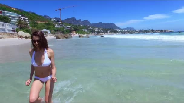 Вид Сверху Пляж Женщина Отпуском Путешествия Свобода Приключениями Море Океан — стоковое видео