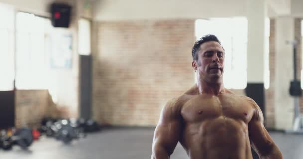 Bodybuilder Petto Allenamento Con Peso Palestra Muscoli Esercizio Fisico Forza — Video Stock