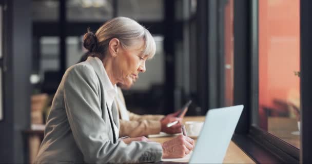 Kadını Kafede Uzaktan Çalışma Varlık Yönetimi Dizüstü Bilgisayarda Beyin Fırtınası — Stok video