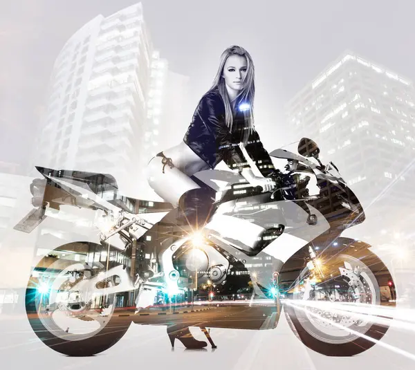Woman in leather jacket, lingerie and portrait on motorcycle on double exposure in the city. Motorbike, bikini and model in urban town for freedom to travel, journey and sexy body for fashion style.