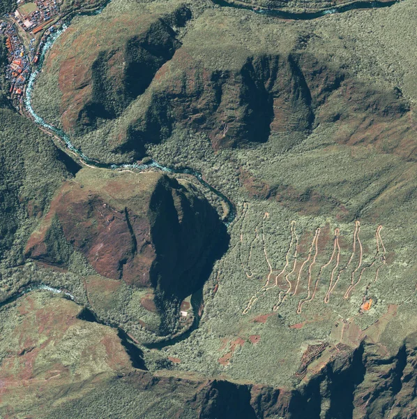 Localização Paisagem Aérea Terra Com Imagem Satélite Montanha Vale Cidade — Fotografia de Stock