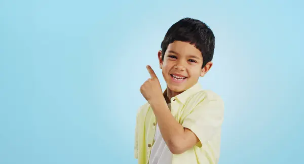 Boy Smile Pointing Excitement Studio Blue Background Mockup Opportunity Deal — Stock Photo, Image