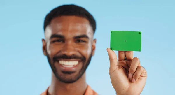 Man Credit Card Happy Green Screen Studio Mockup Bank Logo — Stock Photo, Image